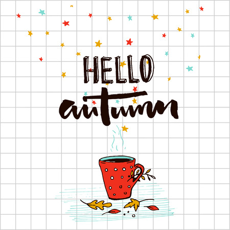 Hello autumn typography banner with sketched illustration of hot drink and golden leaves. September greetings vector designのイラスト素材