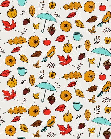 Autumn pattern. Seamless texture with hand drawn illustrations of orange leaves, open umbrella, pumpkin and acorns. Doodle vector backdropのイラスト素材