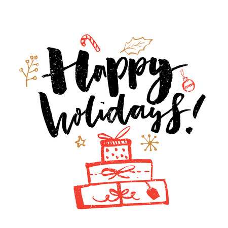 Happy holidays typography. Greeting card with calligraphy and sketch of Christmas gifts. Vector designのイラスト素材