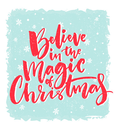 Christmas card design. Believe in the magic of Christmas. Inspirational xmas quote. Red brush calligraphy text on blue background with snowflakesのイラスト素材