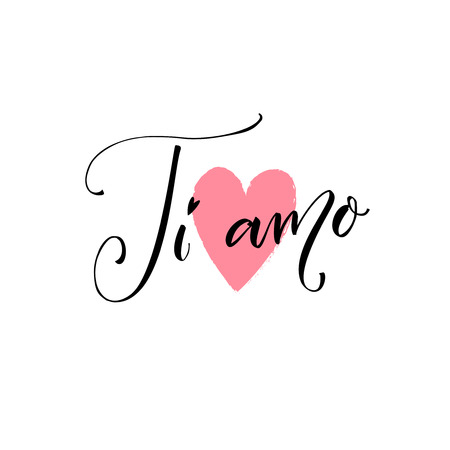 Ti amo. I love you in Italian language. Modern calligraphy saying on pink heart symbol. Valentines day card. Vector design with letteringのイラスト素材