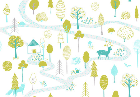 Forest pattern with deer, fox and small house. Seamless texture with cute hand drawn illustrations...