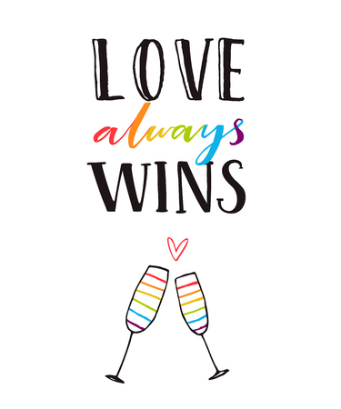 Love always wins. Romantic quote poster with hand drawn clang glasses.のイラスト素材
