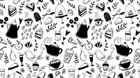 Coffee, tea and desserts seamless pattern. Black and white background with food for cafe designのイラスト素材