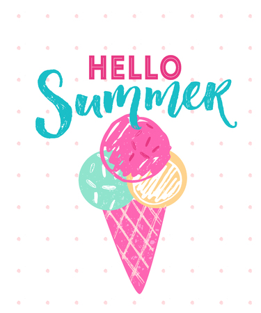 Hello summer caption with 3 balls of ice cream in cone. Vector hand drawn illustrationのイラスト素材
