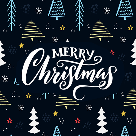 Merry Christmas text on hand drawn Christmas tree pattern.のイラスト素材