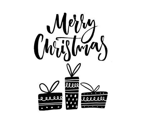 Merry Christmas text. Brush calligraphy and tree hand drawn wrapped gift boxes. Monochrome vector design.のイラスト素材