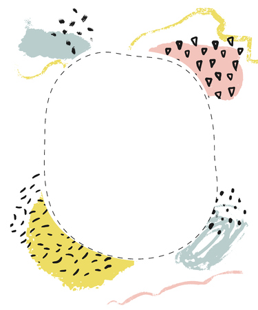 Simple frame with abstract paint strokes and ink dots, hand marks. Minimalistic background with copy space. White with pastel pink, blue and green colors.のイラスト素材