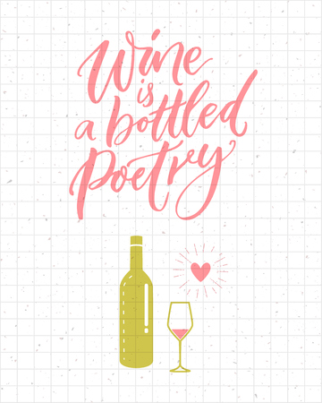 Wine is a bottled poetry. Funny quote about drinking, pink and green bottle and glass. Brush calligraphy poster and t-shirt designのイラスト素材