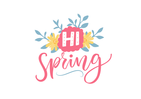 Hi spring. Inspirational typography banner with pink calligraphy and flowersのイラスト素材