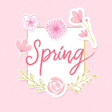 Spring banner design. Square frame with hand drawn flowers and branches. Handwritten calligraphy word Spring.のイラスト素材