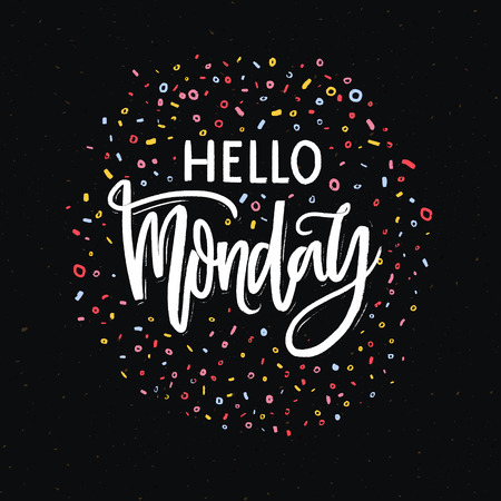 Hello Monday text on dark black background with colorful dots and marks. Hand lettering banner for week start.のイラスト素材