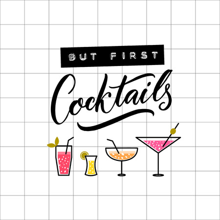 But first cocktails. Embossed tape and brush calligraphy on squared paper.のイラスト素材
