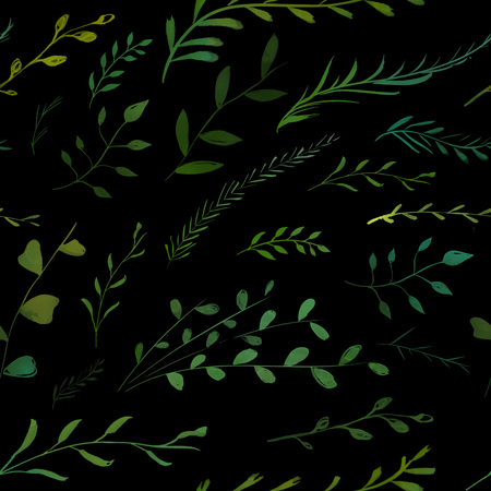 Nature pattern with green twigs, branches and leaves painted on dark backgroundの写真素材