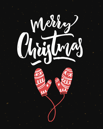 Merry Christmas card on black background with calligraphy and red mittens.のイラスト素材