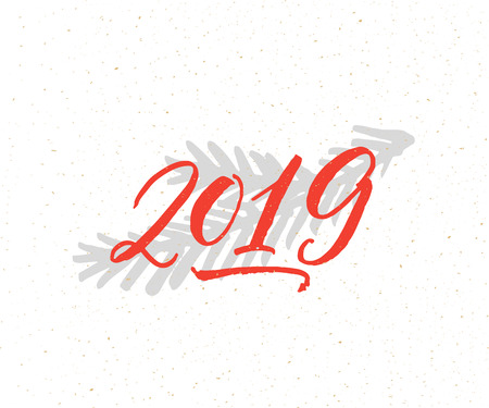 2019 inscription, red calligraphy numbers. Christmas holidays greeting cardの写真素材