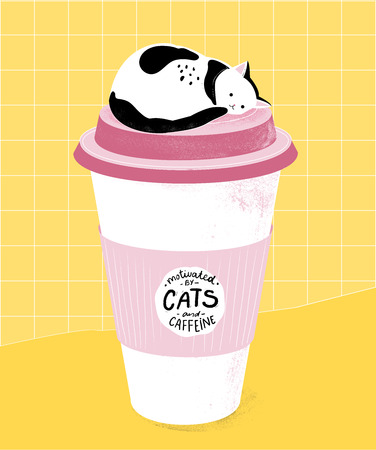 Motivated by cats and caffein. Funny quote for office posters, t-shirts and prints. Sleeping cat on top of tall paper coffee cup. Modern graphic art, pink, yellow and black colorsのイラスト素材