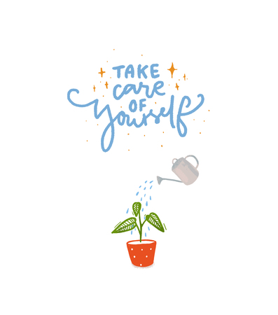 Take care of yourself. Hand lettering inscription with illustration of plant watering with water can