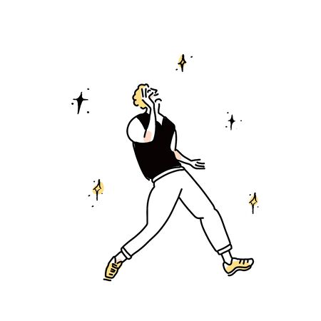 Dancing young man in vest. Happy person celebrates success. Club dancer, vector outline illustration isolated on white background.のイラスト素材