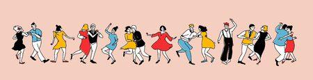 Crowd of dancing people in vintage style dresses and clothes. Swing dance horizontal banner. Lindy hop party characters, social event outline illustration. Solo and couples having funのイラスト素材