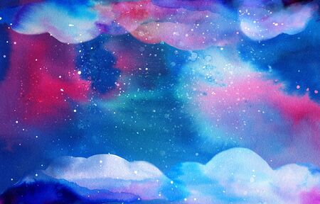 Magical watercolor space texture with stars and fantasy clouds. Mix of deep blue, teal and purple colors. Universe background with paint strokes and swashes.の写真素材