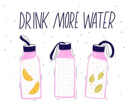 Drink more water quote. Tree reusable water bottles with strap on cap. Hand drawn illustration of liquid with lemon and mintのイラスト素材