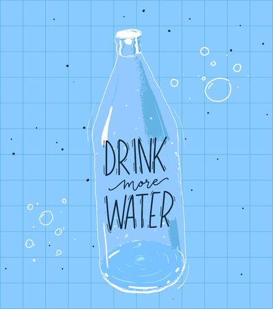 Drink more water quote and illustration of bottle. Vector poster with blue squared background.のイラスト素材
