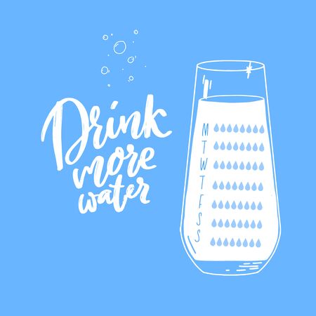 Water intake tracker, weekly layout. Eight glasses checklist every day. Drink more water handwritten text on blue background. Motivational poster designのイラスト素材