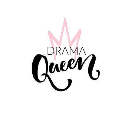 Drama queen t shirt print design. Vector brush lettering and hand drawn crown. Black and pink colors on white backgroundのイラスト素材