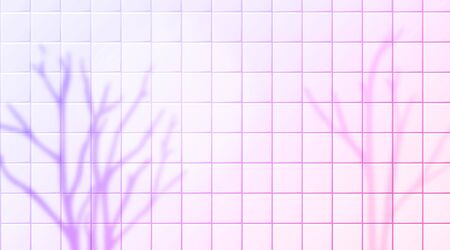 Naked trees shadow overlay silhouettes on pink tiles wall. Purple trendy background with blurred branches. Horizontal vector banner designのイラスト素材