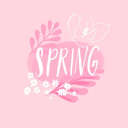 Spring handwritten word decorated with pastel pink flowers and branches, line sketch of crocus and chamomile. Cute feminine banner for spring offers, sale and socail media.のイラスト素材