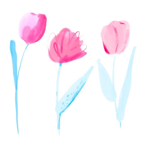 Watercolor tulips set. Hand painted flowers, pink and light blue delicate floral elements.の写真素材