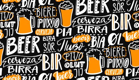 Beer text pattern on black board. Word beer in different languages. Italian birra, spanish cerveza, macedonian pivo, german bier. Chalk lettering seamless texture for pubs, menu and placematsのイラスト素材