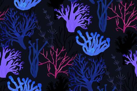 Coral reef and seaweed pattern. Seamless texture with drawings of underwater life. Deep ocean background.のイラスト素材