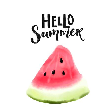 Hello summer text and watercolor watermelon slice vector illustration. Bright print design. Pink and green ripe piece of fruit isolated on white backgroundのイラスト素材
