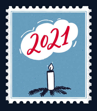 2021 greeting card design. Red handwritten numbers on blue stamp background with hand drawn candle decorated with Christmas tree branches.のイラスト素材