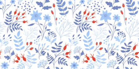 Winter floral pattern with white flowers, red rose hips and different branches with ornate leaves. Elegant seamless botanical texture, repeated background for textile and wrapping paper design.のイラスト素材