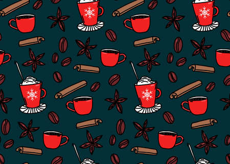 Hot drinks winter pattern. Seamless background with red coffee cups, cinnamon, anise stars and coffee beans. Cozy texture for Christmas cafe menu, gift wrapping.のイラスト素材