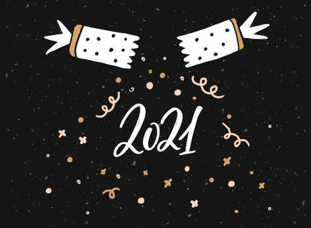 2021 greeting card design. Christmas confetti cracker and handwritten numbers. Black horizontal vector printのイラスト素材
