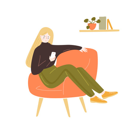 Young woman sitting in comfy chair, using smartphone. Stay home illustration. Blonde long hair girl in brown sweater, green sweat pants. Cozy room vector illustration.のイラスト素材