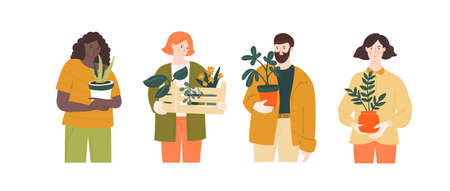 Man and women hold home plants in different pots. Green hobby, urban jungle lifestyle illustration. Cute characters with indoor tropical botany.のイラスト素材