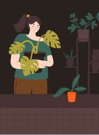 Girl holding big pot with monstera plant. Home gardener in room with plants stand and many different pots. Urban jungle vector illustration.のイラスト素材