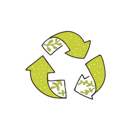 Hand drawn recycling icon, tree green arrows. Eco friendly stamp sketch with leaves. Vector symbol.のイラスト素材