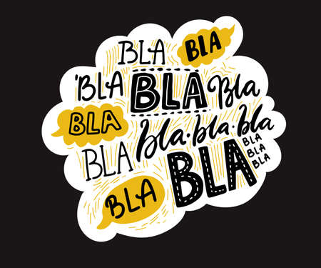 Bla blah words on speech cloud, different hand lettering words with yellow bubbles. Buzz and gossip concept. Vector illustration on black background.のイラスト素材