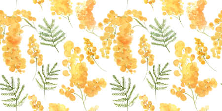 Yellow acacia mimosa background, seamless pattern. Watercolor floral design. Tileable background for textile, wrapping paper, wallpaper design.の写真素材