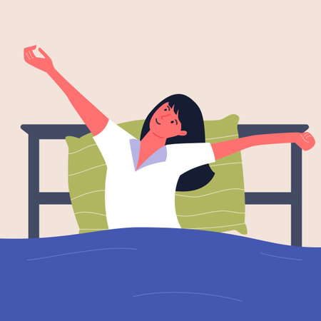 Woman wake up in the morning, stretching in bed with raised arms. Flat vector illlustration of waking up.のイラスト素材