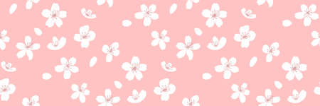 Spring horizontal background, seamless sakura texture with flowers and falling petals. Vector repeat for fabric and paper designのイラスト素材