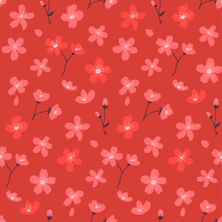 Red sakura pattern, seamless background. Bright oriental texture, traditional japanese print. Cherry blossom vector illustrationのイラスト素材