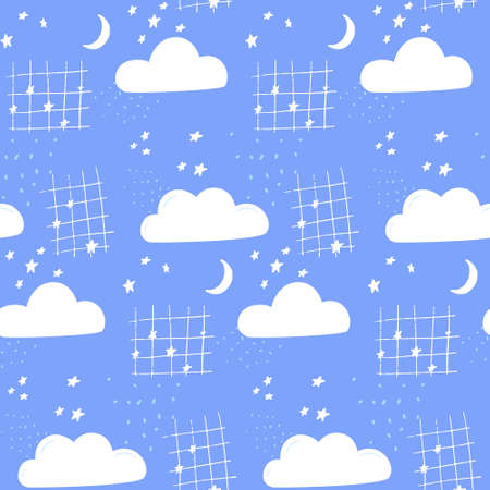 Night sky background with hand drawn clouds, moon and stars. Kids print for textile and wallpapers.のイラスト素材