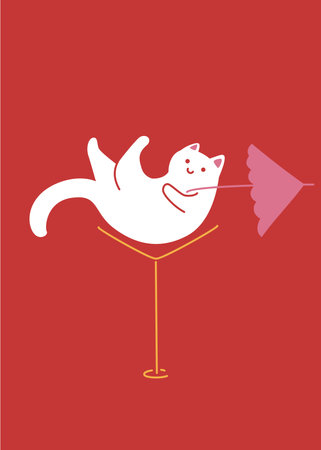 White cat having a relax time in martini glass with cocktail umbrella. Cute character on red background, greeting card design, vector ilustrationのイラスト素材